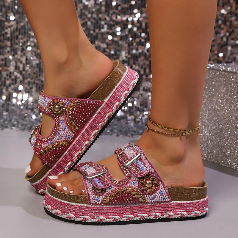 Women's Wide Width Platform Slides, Double Buckle Rhinestone Sandals, Beaded Beach Slippers Wholesale for Women