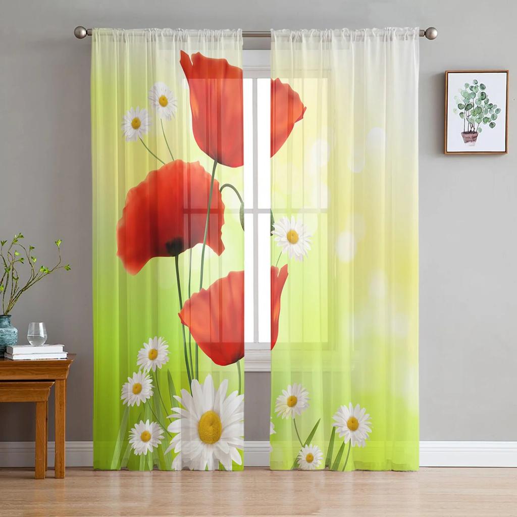 Poppy Flower Sheer Curtains for Living Room Bedroom Tulle Curtains Kitchen Window Treatments Panel Drapes