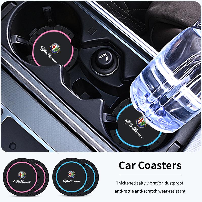 2PCS Car Coasters Water Cup Slots Non-Slip Mat Waterproof Cup Pad For Alfa Romeo Giulietta GT 159 147 156 Brera Giulia Stelvio