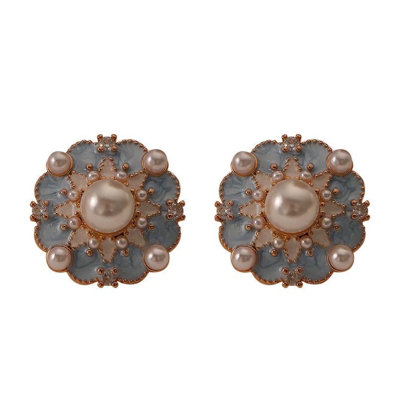 Vintage French Blue Enamel Flower Pearl Earrings - Light Luxury Retro Style for Women