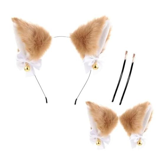 MADDEY Fluffy Ears Dog Fox Animal Cat Ears Headband with Bell Headband Animal Ears Fox Ears Cosplay Halloween Costume (Brown)