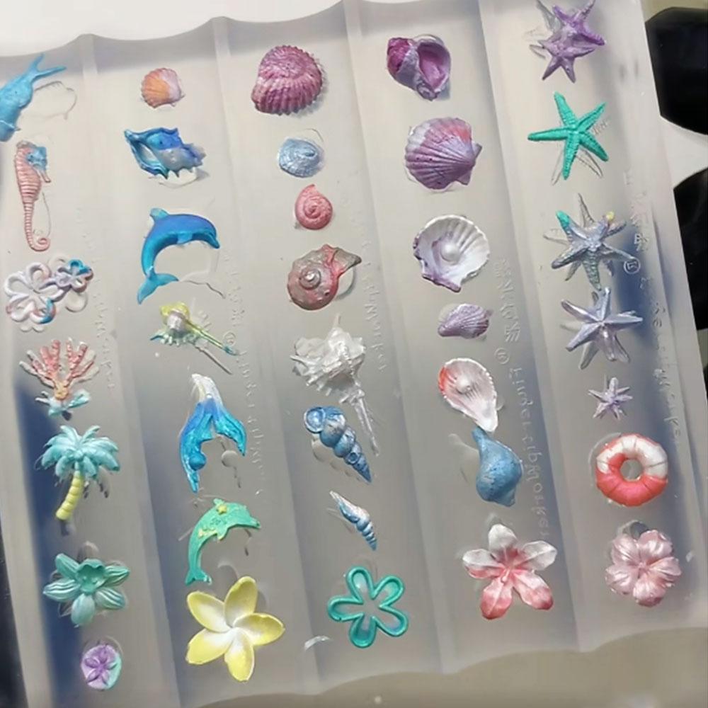 3D Summer Beach Ocean Charms Nail Silicone Mold Dolphin Shell Conch Starfish Coconut Tree Flower Templates Mold Nails Mold Tools