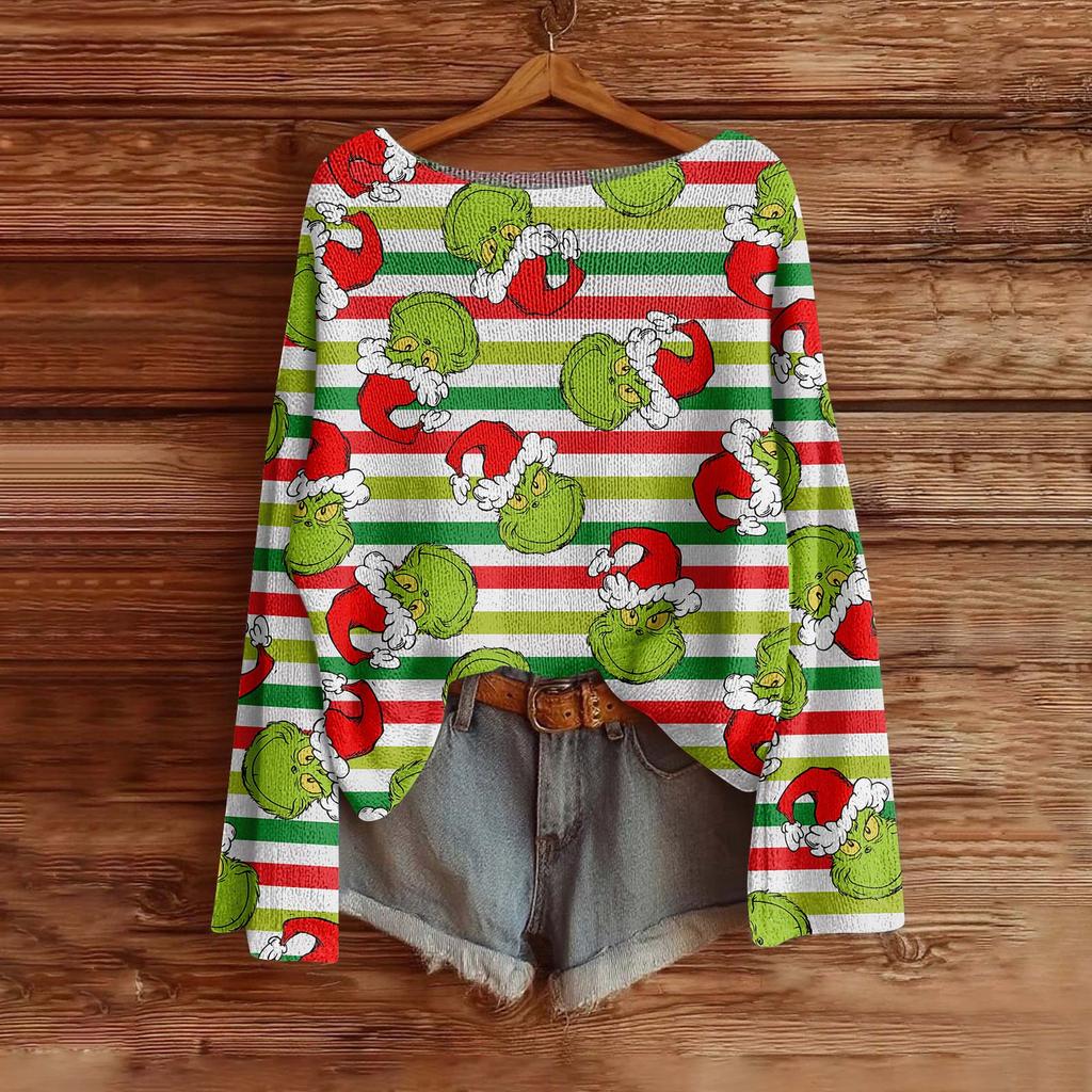 Women's Fashion Long Sleeve Christmas Print Knitted Long Sleeve Lined Long Sleeve