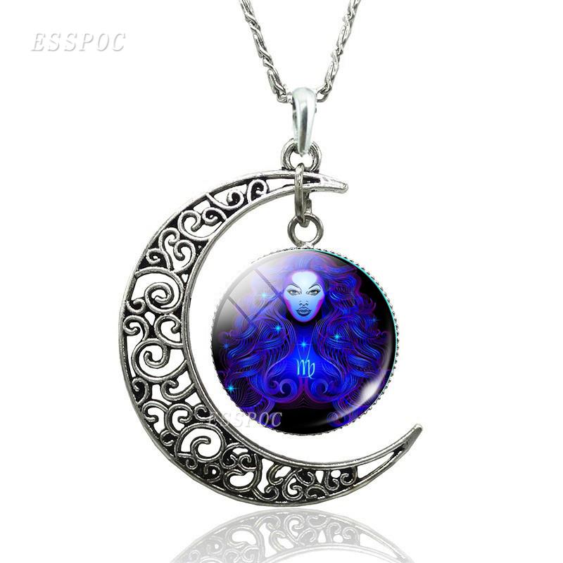 12 Constellation Necklace Zodiac Signs Cabochon Glass Crescent Moon Pendant Clavicle Chain Necklace Birthday Gifts for Women