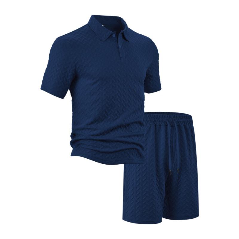 New Summer Men's Casual Loose Lapel Jacquard Short Sleeve Polo Shirt Two-Piece Suit
