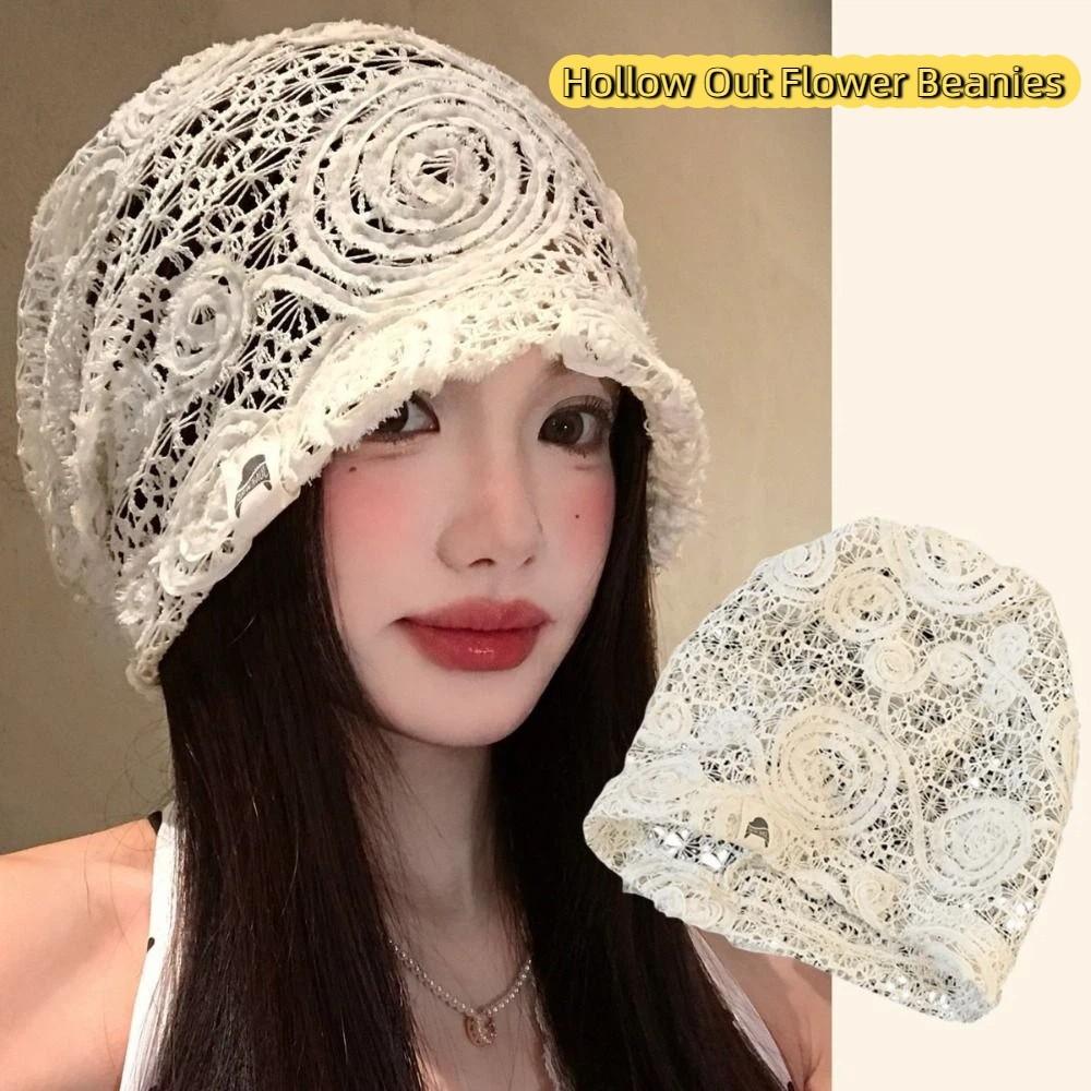 Breathable Hollow Out Flower Beanies Spicy Girl Flower Pile Hat Sweet Lace Hat Girls