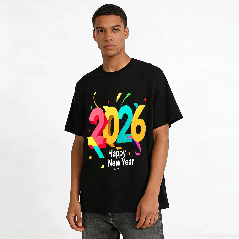 2026 New Year Themed Trendy Print Casual Loose Top For Men Women Pure Cotton T-shirt