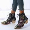 New Thick Heel High Heel Martin Boots Women's Pointed Head Embroidered Lace-up Short Boots