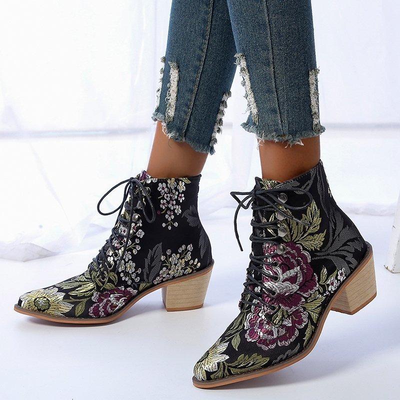 New Thick Heel High Heel Martin Boots Women's Pointed Head Embroidered Lace-up Short Boots