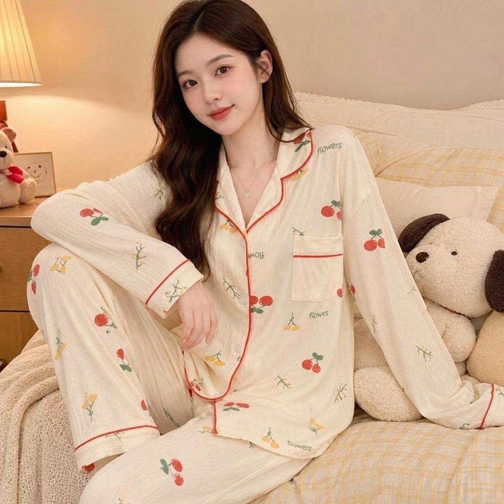 Bear Long Pajama Set Bow Lady Nightwear Suit Comfortable Women's Loungewear Female