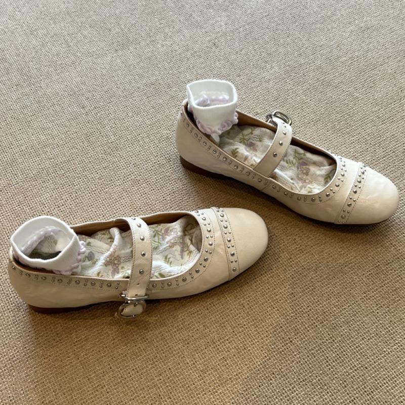 Sheepskin Version~ Round Head Rivet Mary Jane Women's Shoes Shallow Mouth One-word Buckle Single Shoes Versatile Flat Ballet Shoes