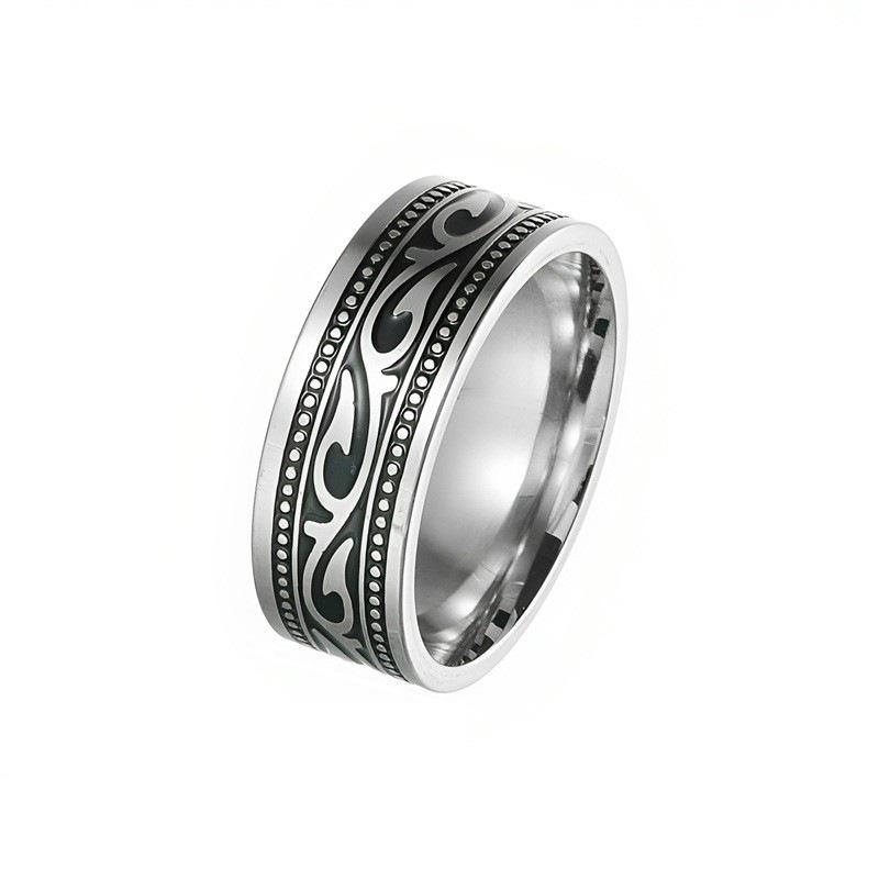Men's Titanium Steel Punk Ring with Geometric Carving, Blackened for Couples - European & American Style.
