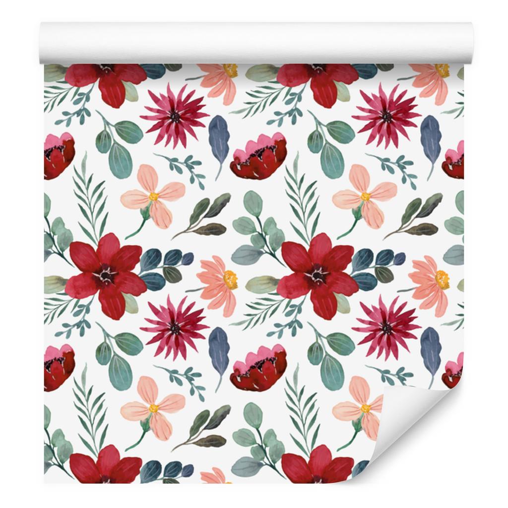 Wallpaper Flowers White, Light Gray and Red for Living Room and Bedroom 50x1000