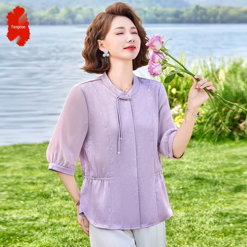 Elegant Women s New Chinese Style Floral Puff Sleeve Blouse 4XL фиолетовый