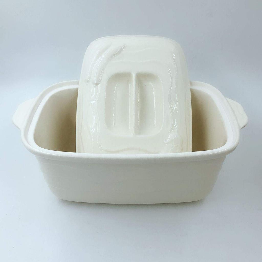 White pickle bowl with drainer, made in Japan, refrigerator safe