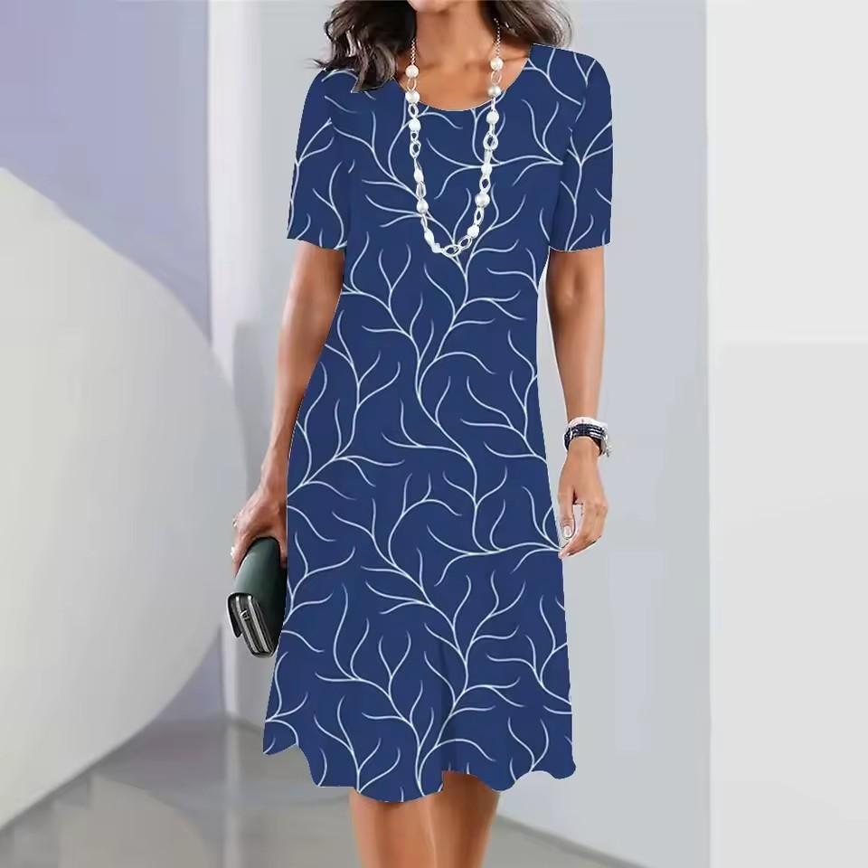 Summer Women's Dresses Fashion Round Neck Short Sleeve Simple Striped Printed Casual Women's Clothing Bohemian Style