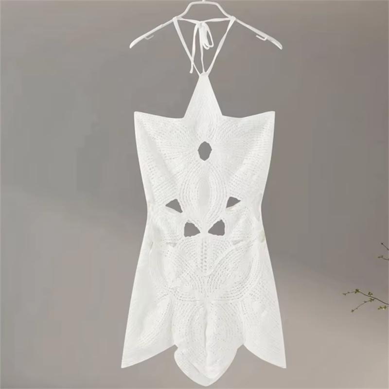 

Сексуальное вязаное крючком пляжное мини-платье для женщин с вырезом на шее, без рукавов, со шнуровкой на спине, женские платья 2024 года, летние женские облегающие халаты L белый
