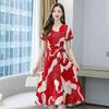 Large size dress women's summer wear V-neck Korean version elegant style and thin temperament long short-sleeved pullover floral A-shaped skirt