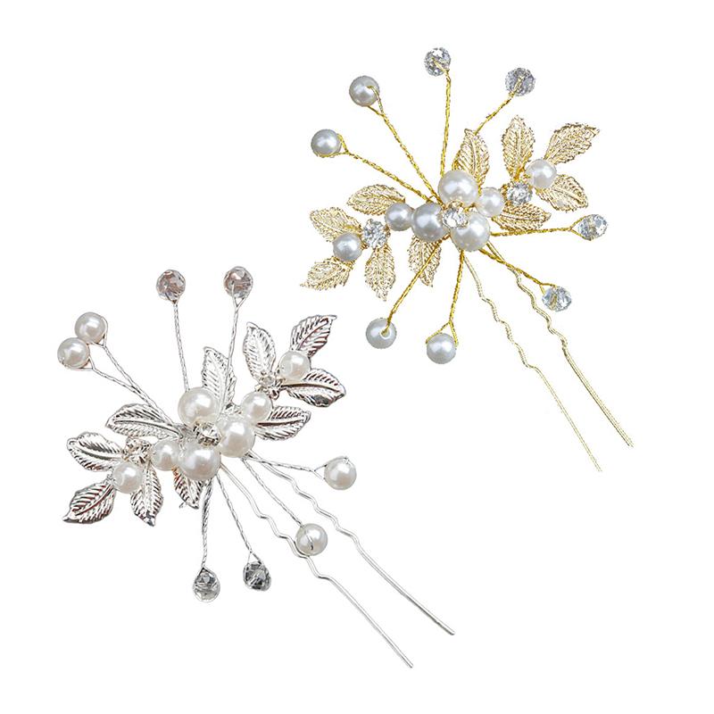 Crystal Pearl Flower Hair Pins Clips U-Shaped Hairpin Gold Leaf Pearl Hair Fork