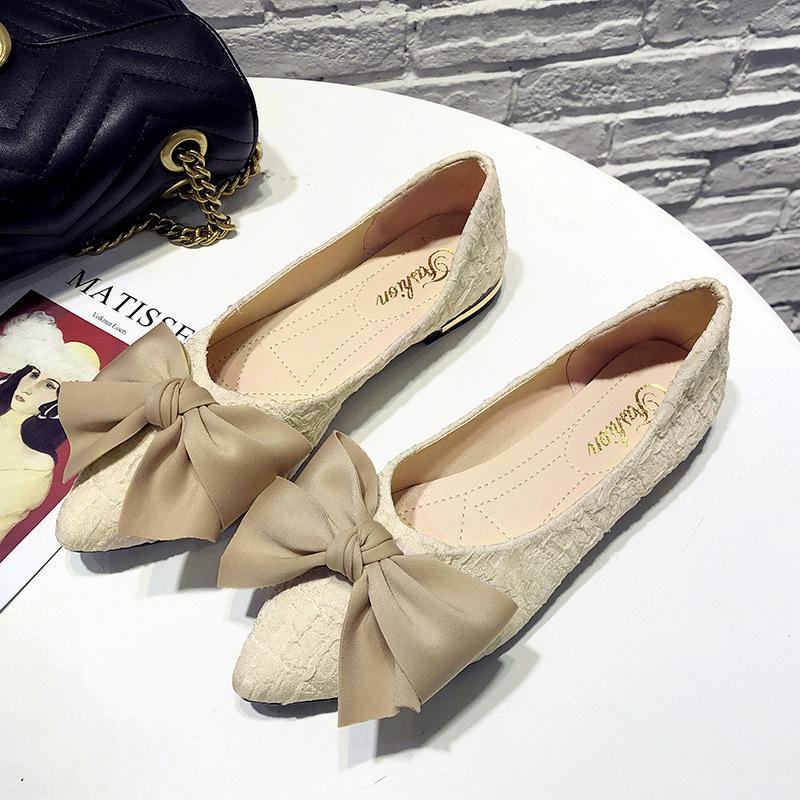 Móda Jedna bota dámská nový styl fazolové boty jarní špičaté jarní univerzální plochá podrážka mašle plochá plochá jedna bota dámská