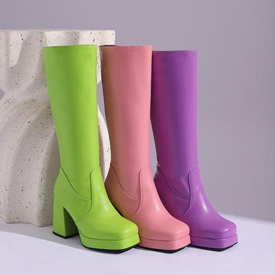 Women's High-heeled Boots Autumn and Winter New Candy-colored Thick-heeled Large-size Medium Boots