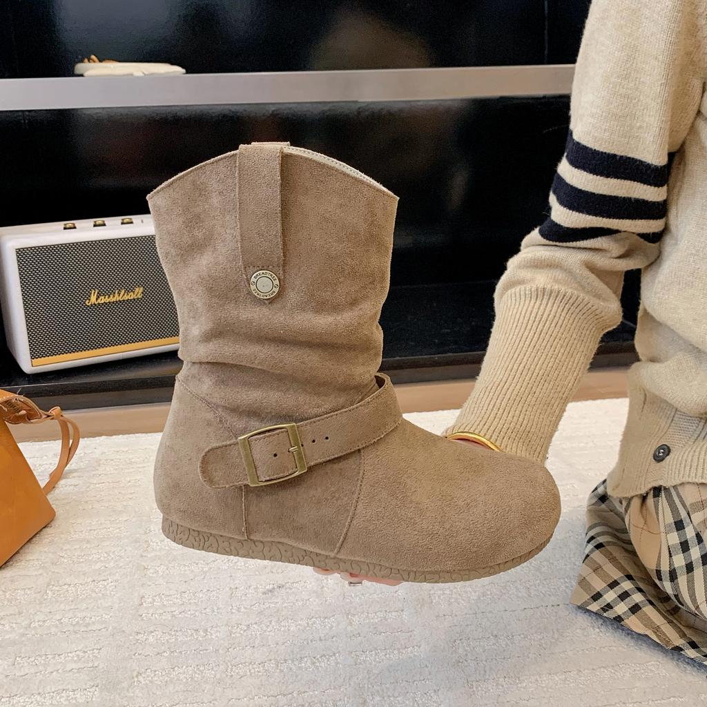 Autumn Winter New Ladies Short Boots Belt Buckle Decorated Cowboy Boots Wedge Heel Thick Sole Non-Slip Outdoor Boots Travel