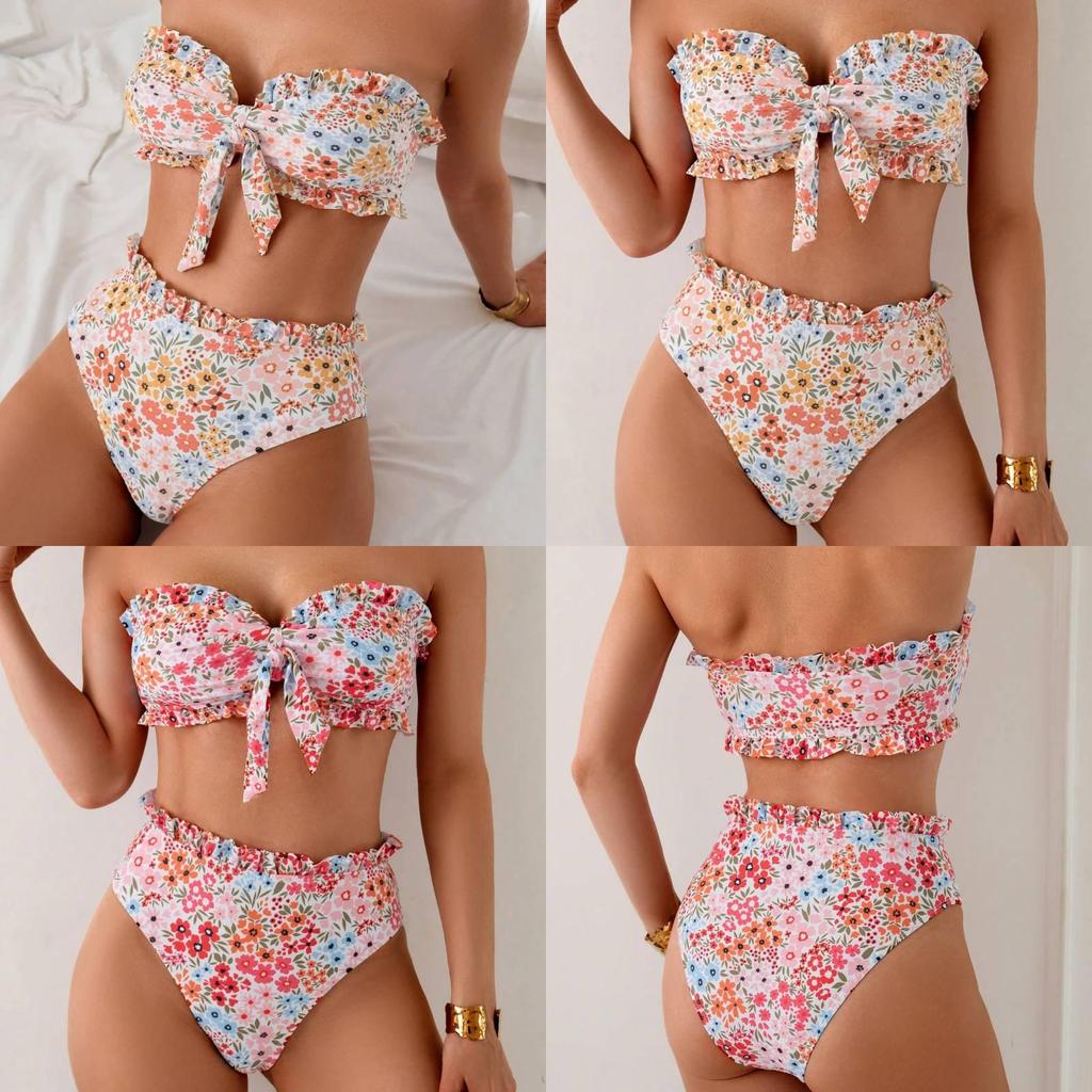 Women Trendy Strappy Bikini Swimsuit With Ruffle Edges For Water Sports And Beachwear
