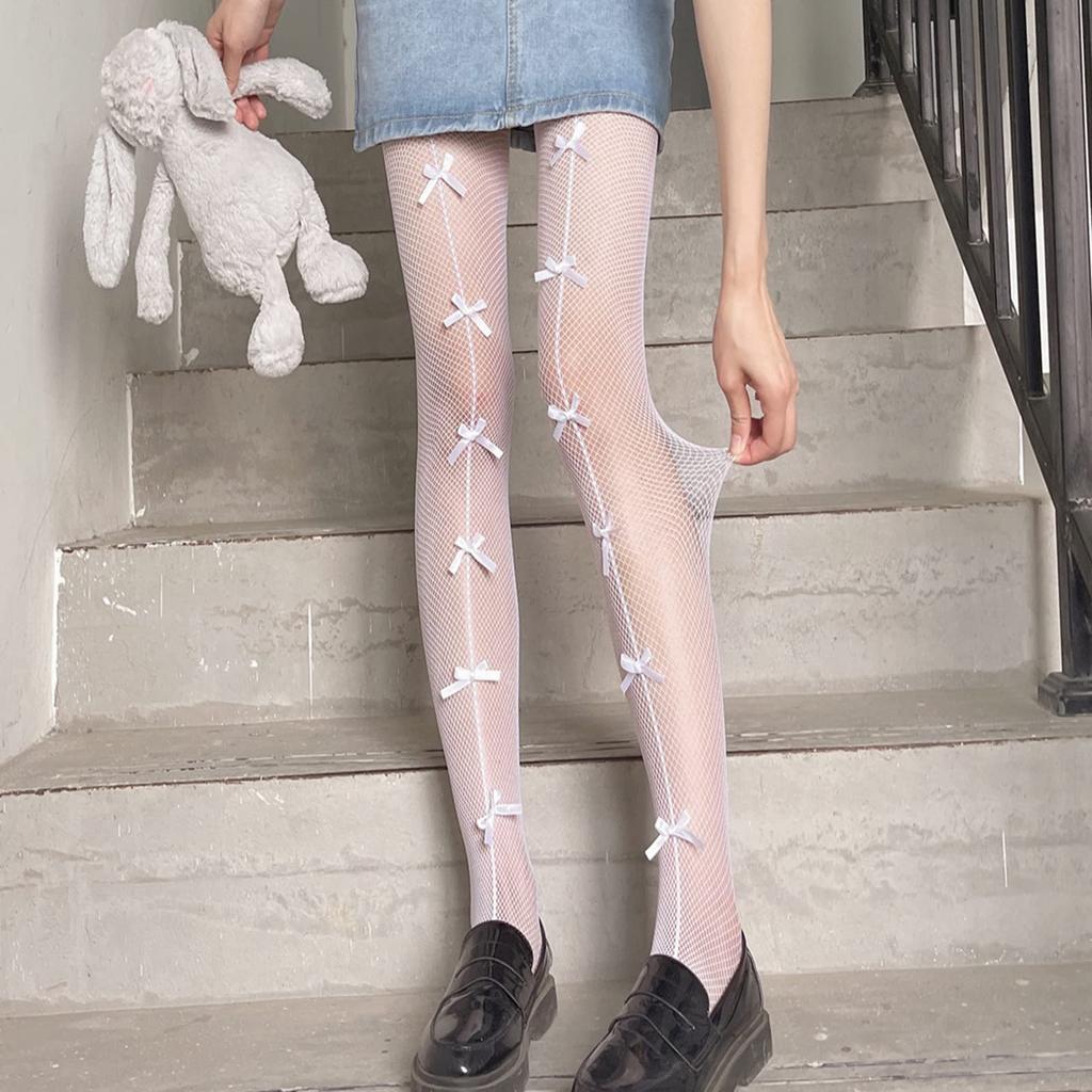 Fishnet Tights with Bow Pattern Seam Design Stretchy Sheer Pantyhose for Women Elastic Mesh Legwear Full Length Hosiery