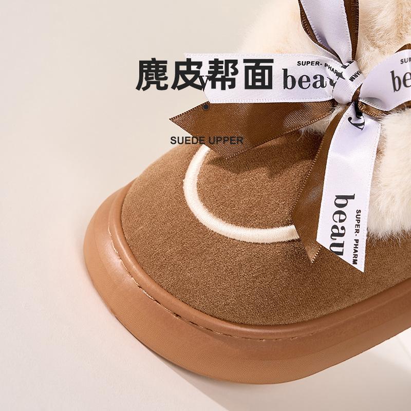 2025 new winter bag heel cotton slippers women's bow leather fleece confinement shoes thickened indoor home plush cotton shoes