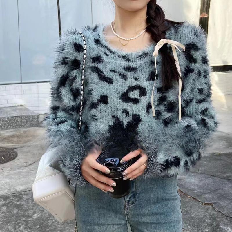 Imitation Mink Fur Loose Long Sleeve Cropped Sweaters Women Autumn Winter Fashion Leopard Print Pullover Sweater Ladies Elegant Slim Knitwear 24792