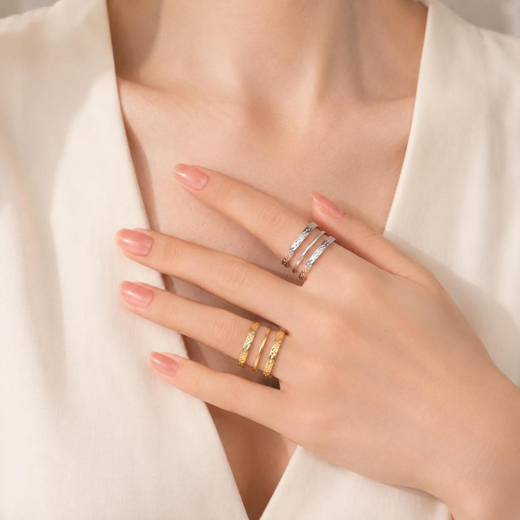 European INS Style Gold-Plated Adjustable Open Ring with Three-Layer Irregular Texture