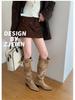 In-Stock Western Suede Cowboy Boots: Wide Shaft, Chunky Heel, Square Toe, Versatile, Wrinkled Slouch Design