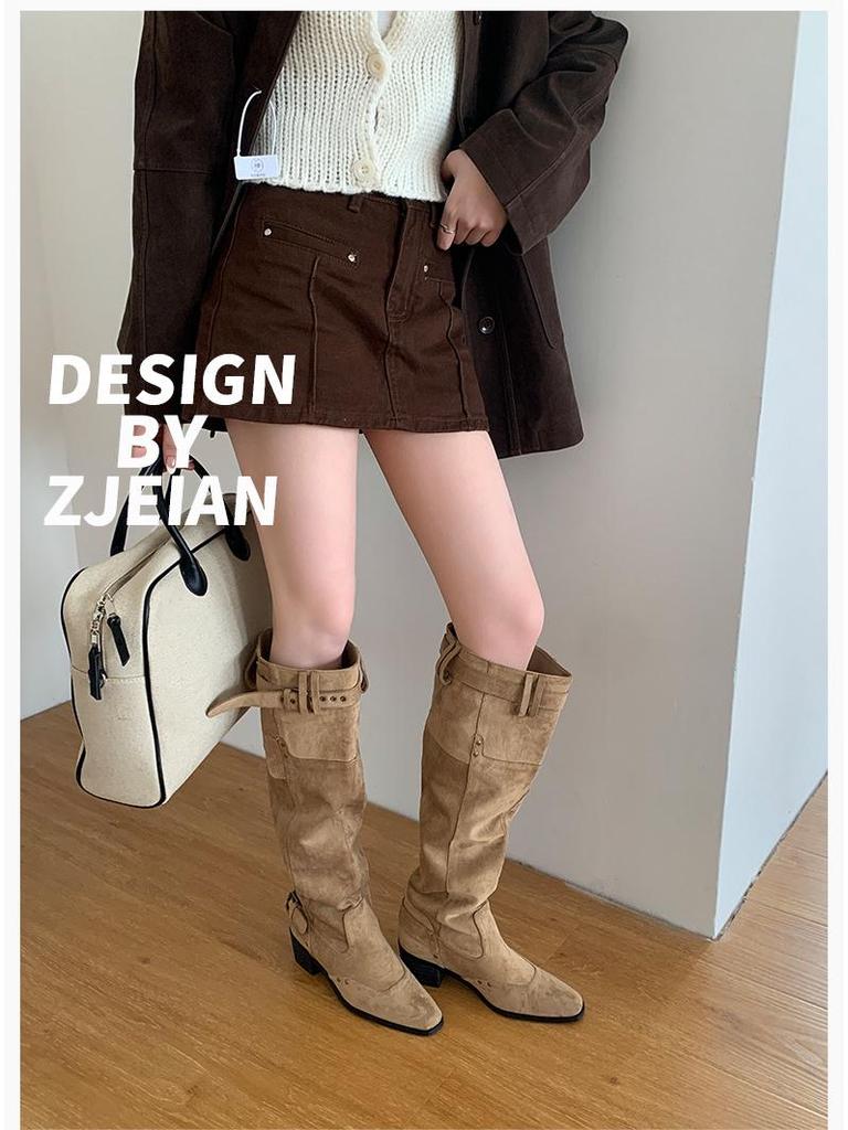 In-Stock Western Suede Cowboy Boots: Wide Shaft, Chunky Heel, Square Toe, Versatile, Wrinkled Slouch Design