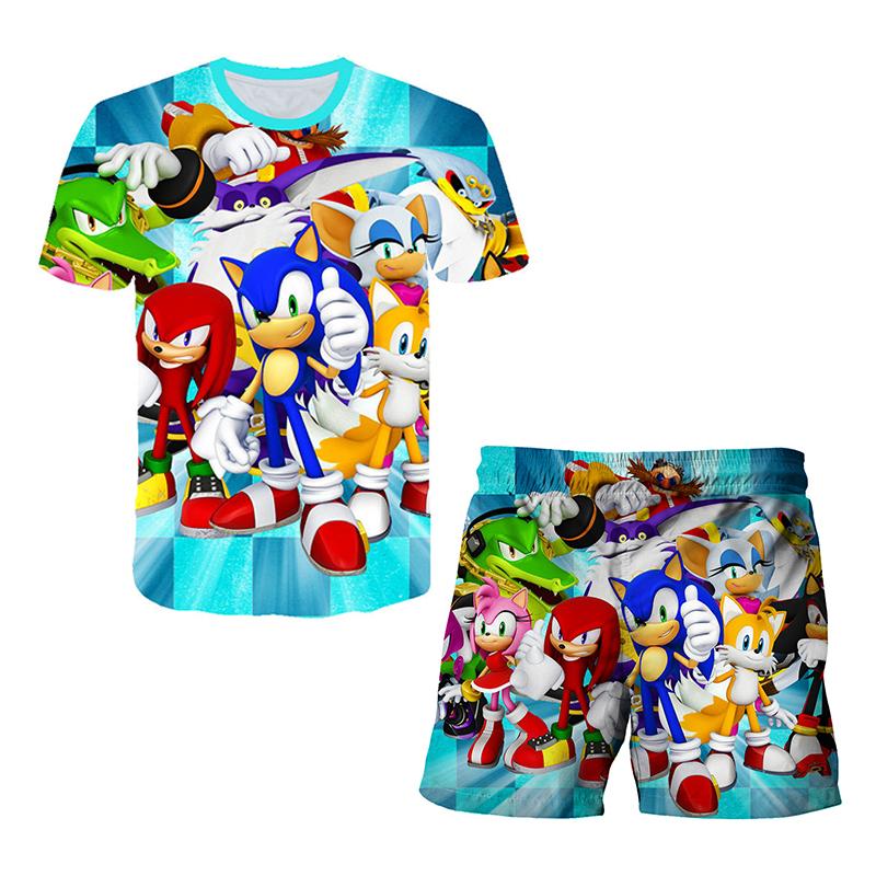2025 MINISO Ny Japansk Tecknad Sonic 2 T-shirt Barnens Topp Shorts Tvådelat Set Sommar Pojke Tecknad Söt SONIC T-shirt+ Strandbyxor