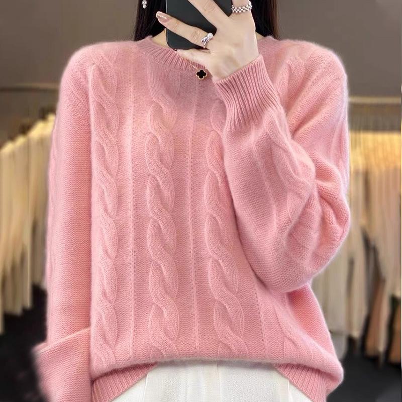 Spring Autumn and Winter Round Neck Solid Color Knitwear Vintage Fried Dough Twists Pullover Women Thick Slim Sweater Long Sleeve Warm Top Casual