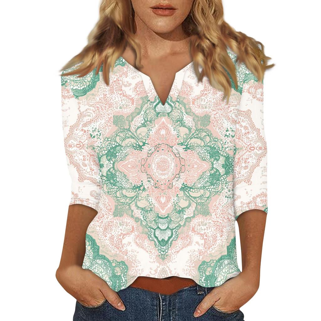 Women's Stand Collar 3/4 Sleeve Printed Top T-shirt