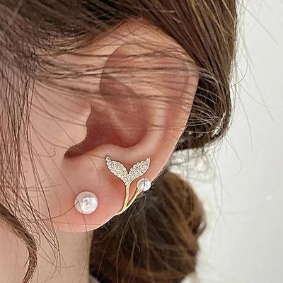 Full Diamond Dongmen Fishtail Pearl Stud Earrings, Ear Buckles, New Temperament Stud Earrings
