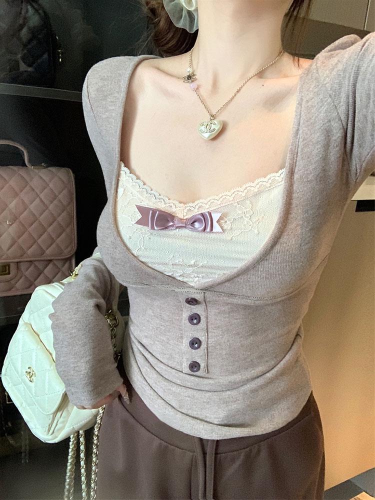 Lace Splice Two-Piece Bow Long Sleeve Slim Layered Women's Top – Autumn Waist-Cinched Design