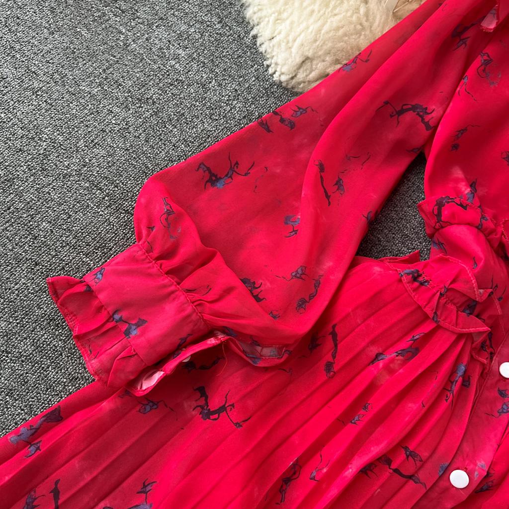 Autumn Women Vintage Printed Pleated Long Dress Female Red/Green/Blue/Yellow Draped Ruffle Single Breasted Maxi Robe Vacation Dresses