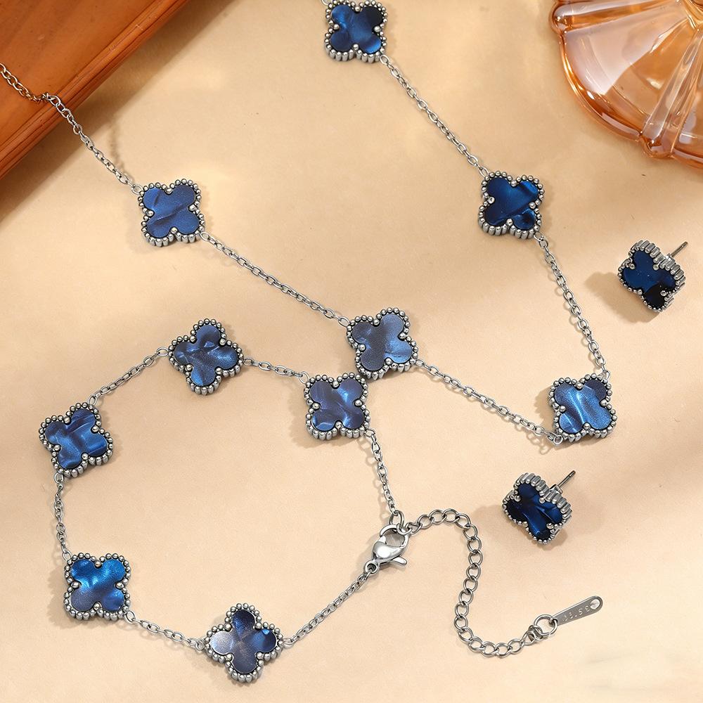 Titanium Steel Colorfast Double-sided Four-leaf Clover Necklace Set for Women Fashionable Elegant Luxurious Trendy Clavicle Chain Bracelet