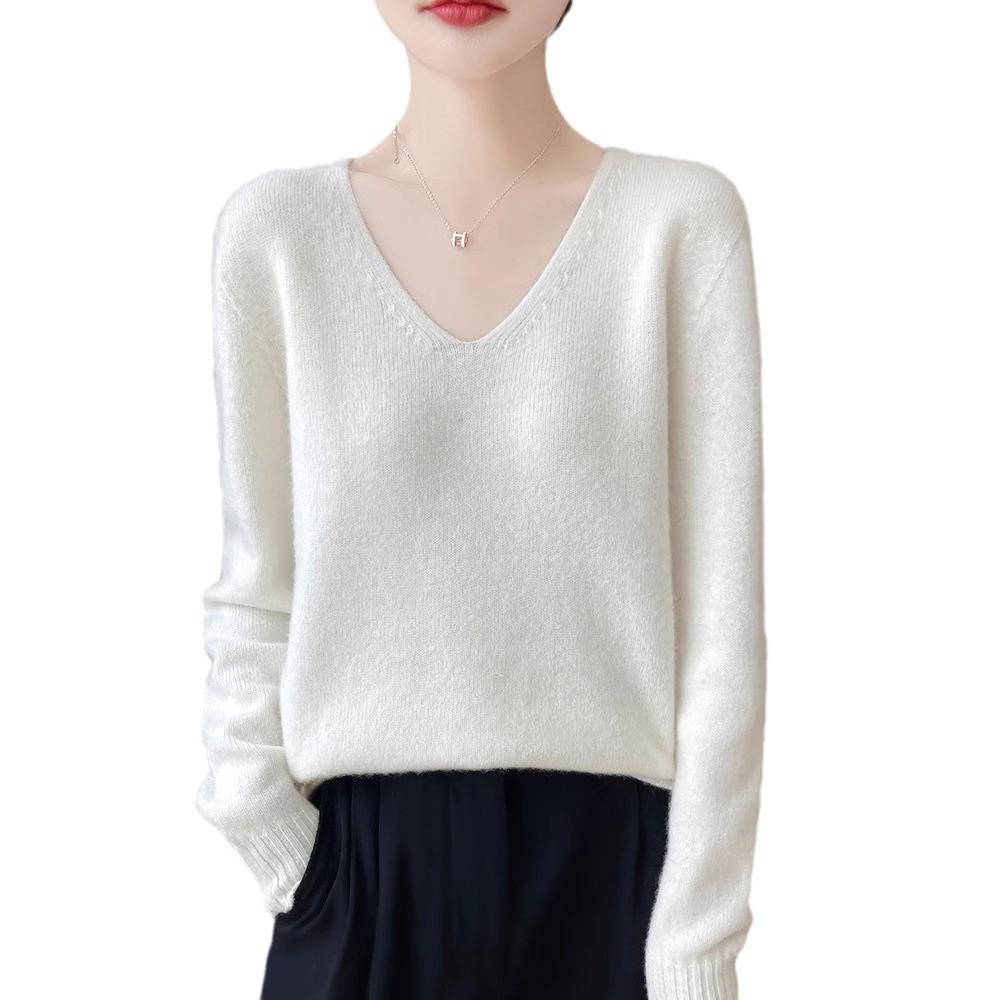 Women's V-Neck Thickened Wool Knit Sweater – 100% Pure Loose Fit