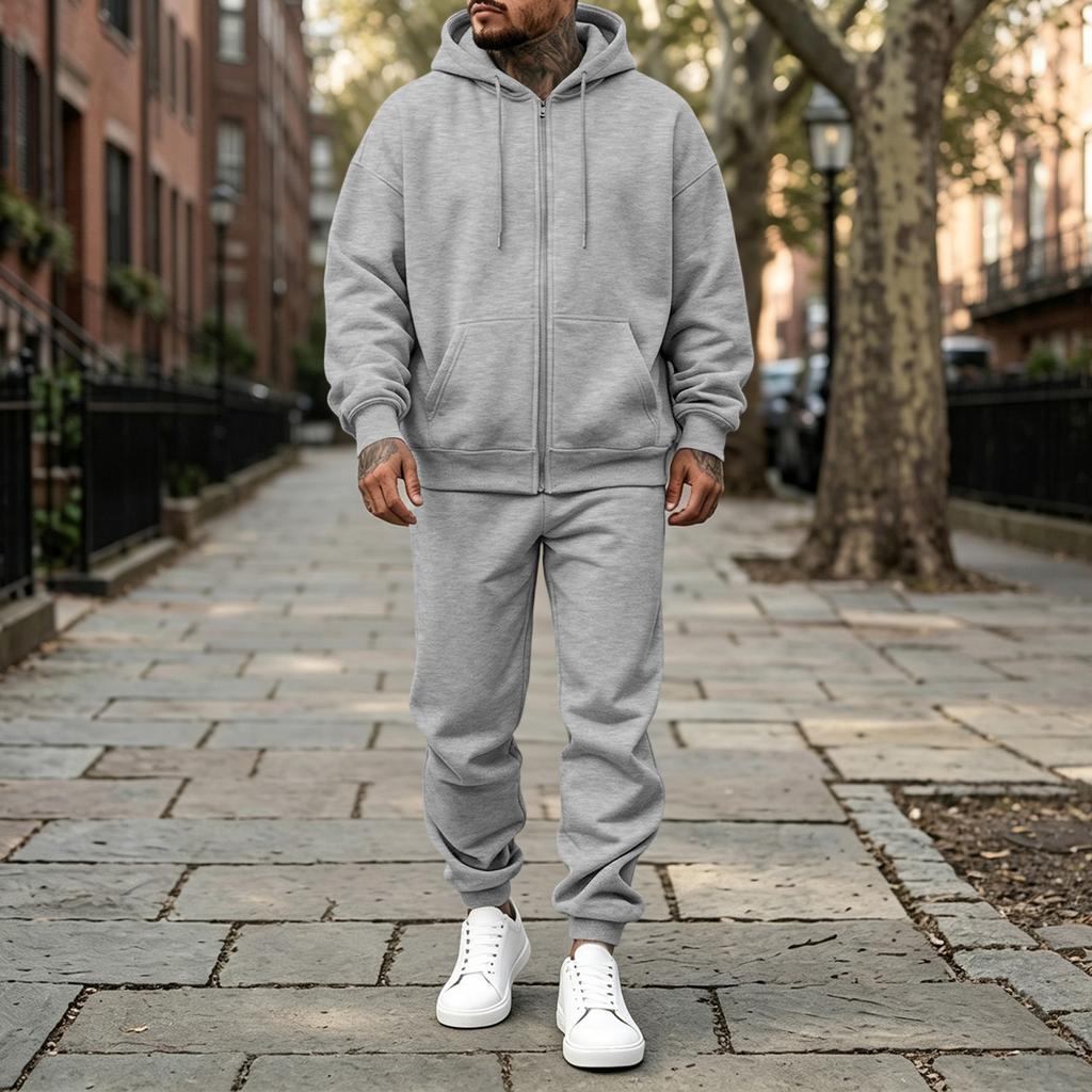 Men's Casual Loose Fit Lined Stand Collar Sweatshirt Jacket Set for Fall Winter