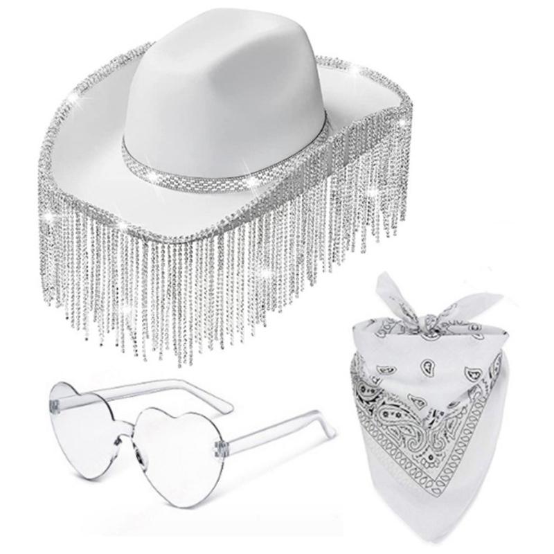 

3pieces Rhinestone Cowboy Hat&Heart Sunglasses+Kerchief Set For Woman Wedding Hat Western Elegant Dress Accessory