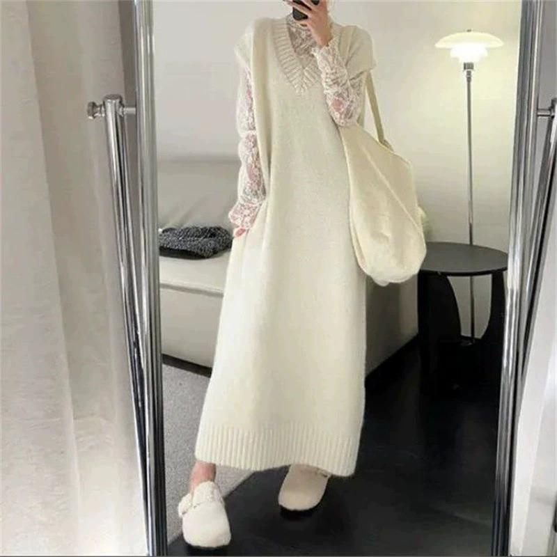 Autumn and Winter New Gentle Wind Solid Color Medium and Long Vest Sweater Skirt Women's Loose Lazy Wind Knitted Dress