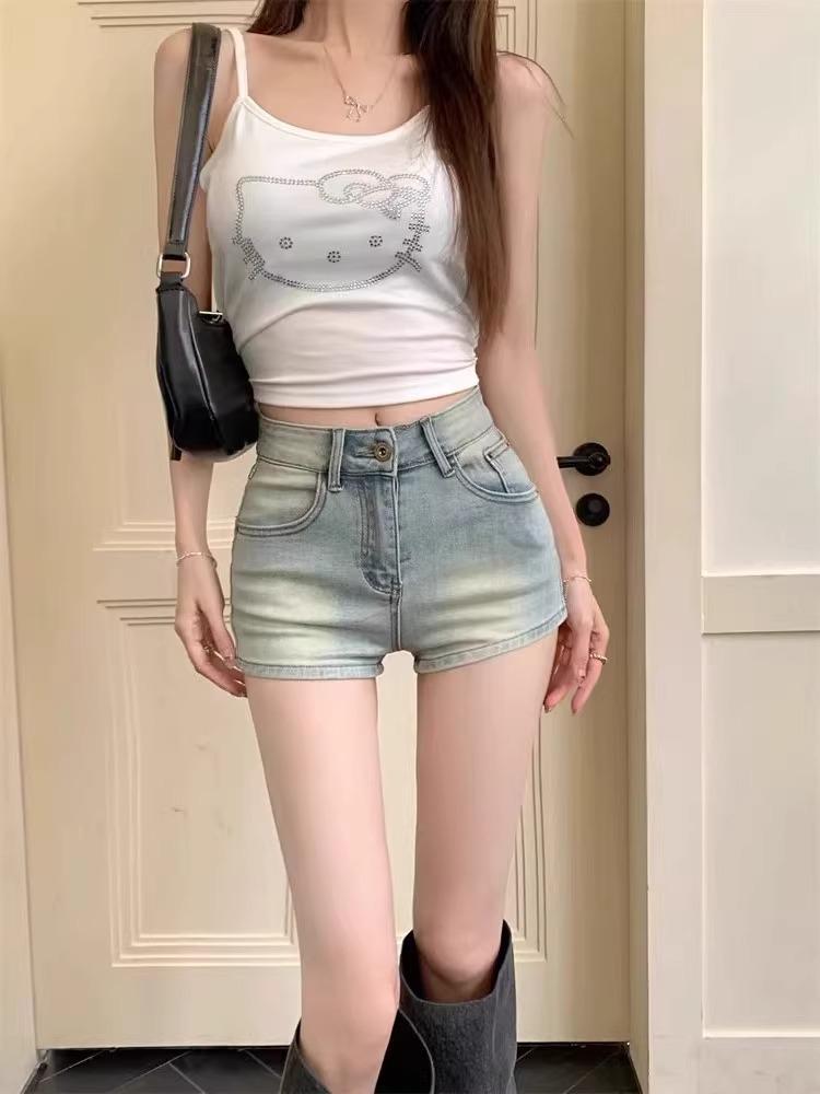 

Women s High Waisted Retro Light Wash Denim Shorts - Slim Fit, Stretchy, Super Short, Petite, Summer Wear Small синий