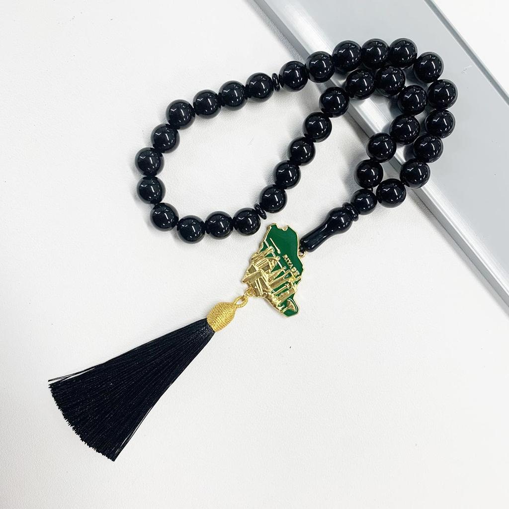 Saudi Arabia Map Gilt Pendant with 33mm Muslim Prayer Beads - Islamic Rosary Tasbih Middle Eastern Bracelet