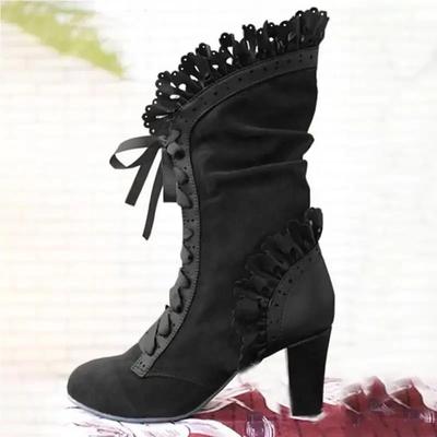 Mittelalterliche Ritterstiefel im Retro-Stil mit dickem Absatz für Damen, Wildleder, Schnürstiefel mit mittlerer Wade, dicker Absatz, Puls, Größe 43
