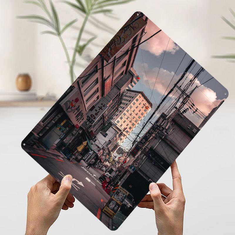 Seoul Street Scene With Buildings Poster Customized Vintage Metal Signs Wall Art Retro Tin Plaque for Desk Decor Decoration Home