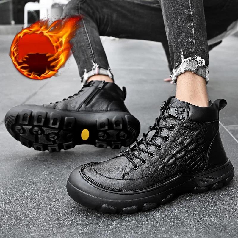 High Quality Genuine Leather High-top Boots Hiking Durable Retro Style Casual Work Boots Winter Thick Bottom Non-Slip Mens Shoes