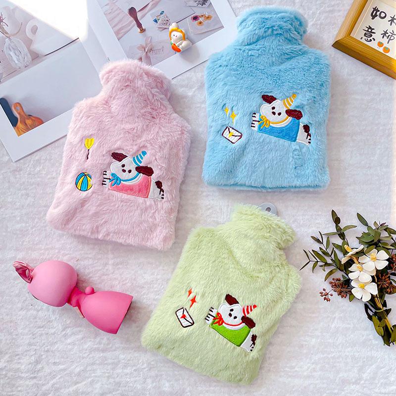 1200ml Cute Embroidered Hot Water Bottle with Plush Insertable Hand Warmer for Winter